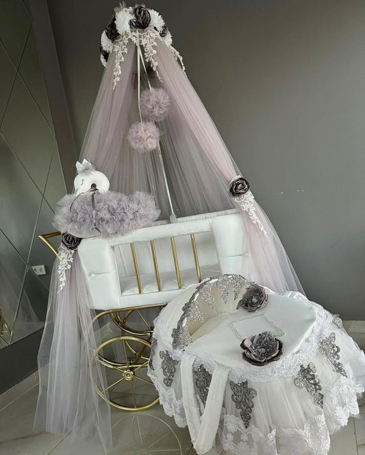 Set Pătuț Tip Cărucior Prince Silver White